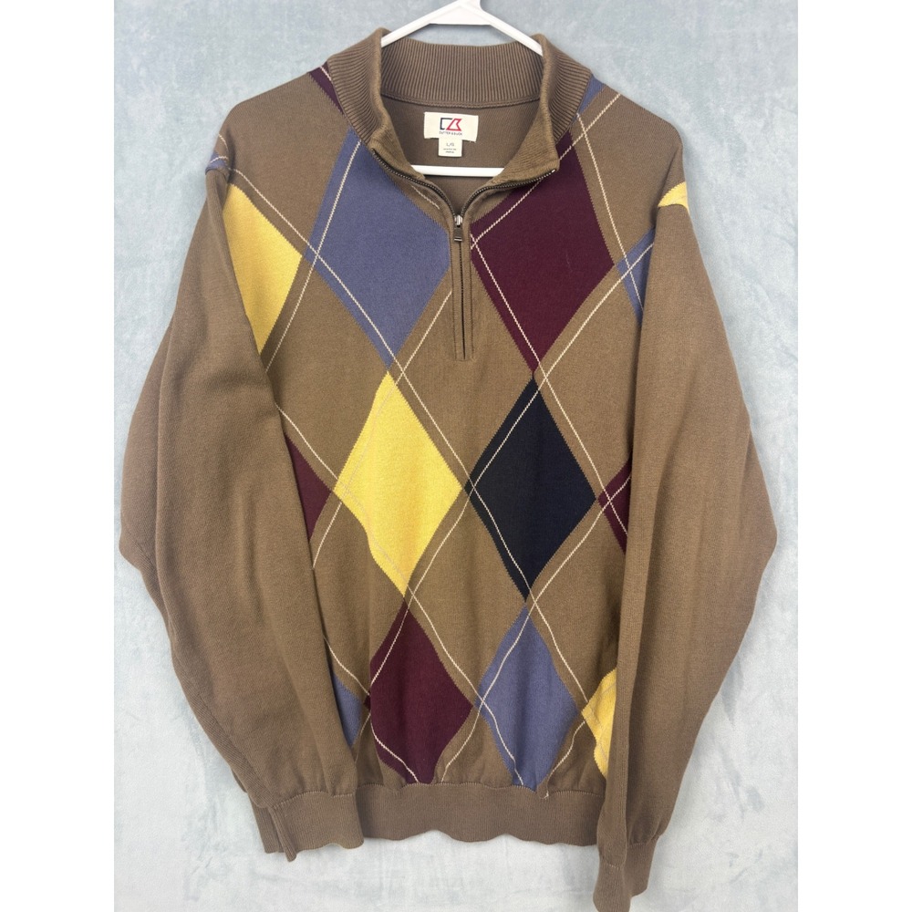 Cutter & Buck Mens Large Argyle Quarter Zip Sweater Brown Multi Color Knit L